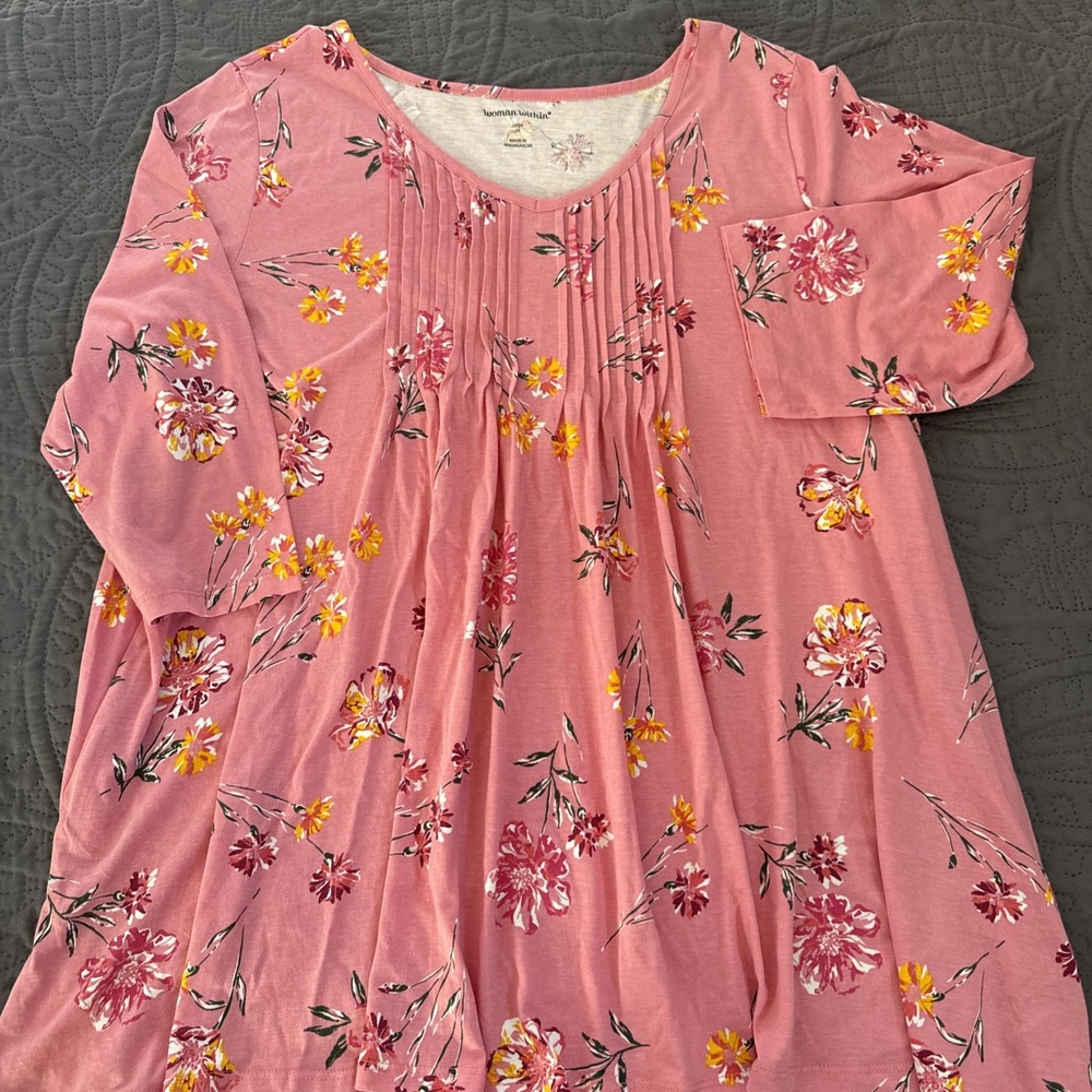 Woman Within 1X Casual Boho Pintucked Top Blouse Shirt Pink Floral Cotton 3/4 Sl